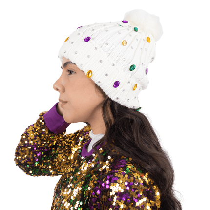 Mardi Gras Rhinestone Knit Beanie with Faux Fur Pom - White - Mardi Gras Apparel - Accessories, Adult, Black - Hats