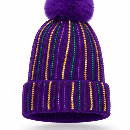 Mardi Gras Rhinestone Striped Knit Beanie with Faux Fur Pom - Purple - Mardi Gras Apparel - Accessories, Adult, beanie - Beanie