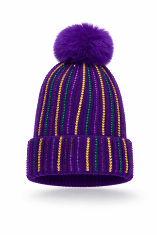 Mardi Gras Rhinestone Striped Knit Beanie with Faux Fur Pom - Purple - Mardi Gras Apparel - Accessories, Adult, beanie - Beanie