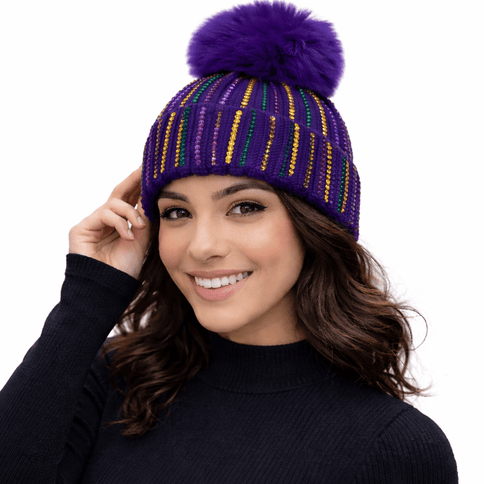 Mardi Gras Rhinestone Striped Knit Beanie with Faux Fur Pom - Purple - Mardi Gras Apparel - Accessories, Adult, beanie - Beanie