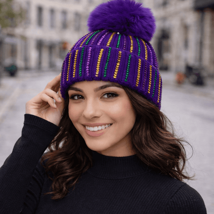 Mardi Gras Rhinestone Striped Knit Beanie with Faux Fur Pom - Purple - Mardi Gras Apparel - Accessories, Adult, beanie - Beanie