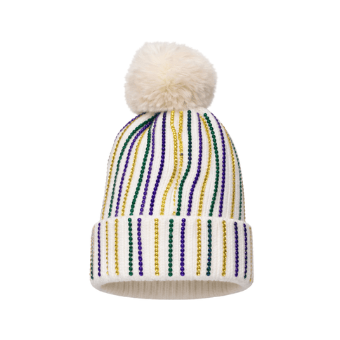 Mardi Gras Rhinestone Striped Knit Beanie with Faux Fur Pom - White - Mardi Gras Apparel - Accessories, Adult, beanie - Beanie