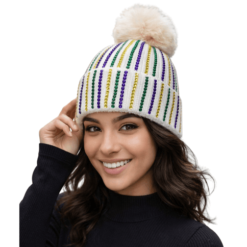 Mardi Gras Rhinestone Striped Knit Beanie with Faux Fur Pom - White - Mardi Gras Apparel - Accessories, Adult, beanie - Beanie