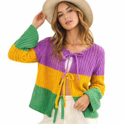 Mardi Gras Ribbed String Tied Cardigan - Mardi Gras Apparel - Adult, Bibi, Bibi Top Chart - Sweaters