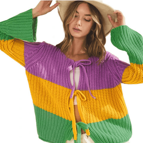 Mardi Gras Ribbed String Tied Cardigan - Mardi Gras Apparel - Adult, Bibi, Bibi Top Chart - Sweaters