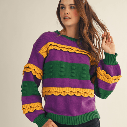 Mardi Gras Ruffled Soft Puff Sweater - Mardi Gras Apparel - Adult, Bibi, Bibi Top Chart - Sweaters