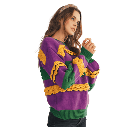 Mardi Gras Ruffled Soft Puff Sweater - Mardi Gras Apparel - Adult, Bibi, Bibi Top Chart - Sweaters