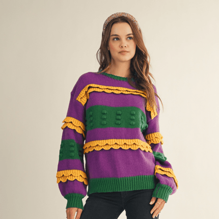 Mardi Gras Ruffled Soft Puff Sweater - Mardi Gras Apparel - Adult, Bibi, Bibi Top Chart - Sweaters
