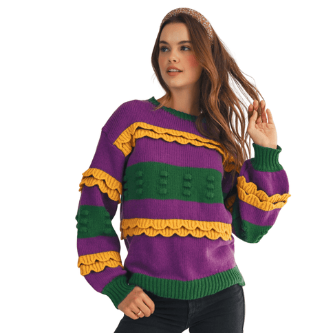 Mardi Gras Ruffled Soft Puff Sweater - Mardi Gras Apparel - Adult, Bibi, Bibi Top Chart - Sweaters