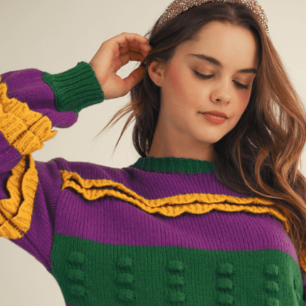 Mardi Gras Ruffled Soft Puff Sweater - Mardi Gras Apparel - Adult, Bibi, Bibi Top Chart - Sweaters