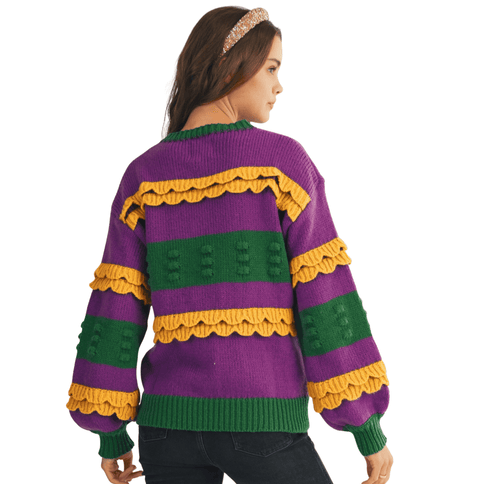 Mardi Gras Ruffled Soft Puff Sweater - Mardi Gras Apparel - Adult, Bibi, Bibi Top Chart - Sweaters