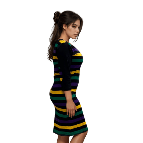 Mardi Gras Rugby Polo Black Dress Purple, Green & Gold Striped - Mardi Gras Apparel - 3/4 Sleeve, Adult, Collared - Dress