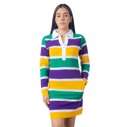 Mardi Gras Rugby Polo Dress Purple, Green & Gold Striped Style - Mardi Gras Apparel - 3/4 Sleeve, Adult, Collared - Dress