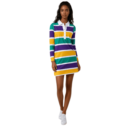 Mardi Gras Rugby Polo Dress Purple, Green & Gold Striped Style - Mardi Gras Apparel - 3/4 Sleeve, Adult, Collared - Dress