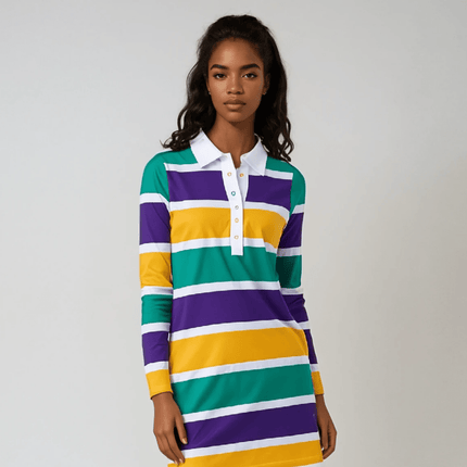 Mardi Gras Rugby Polo Dress Purple, Green & Gold Striped Style - Mardi Gras Apparel - 3/4 Sleeve, Adult, Collared - Dress