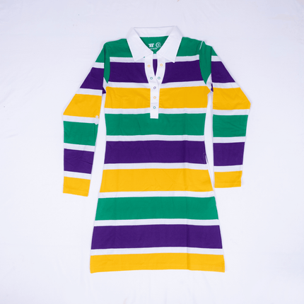 Mardi Gras Rugby Polo Dress Purple, Green & Gold Striped Style - Mardi Gras Apparel - 3/4 Sleeve, Adult, Collared - Dress