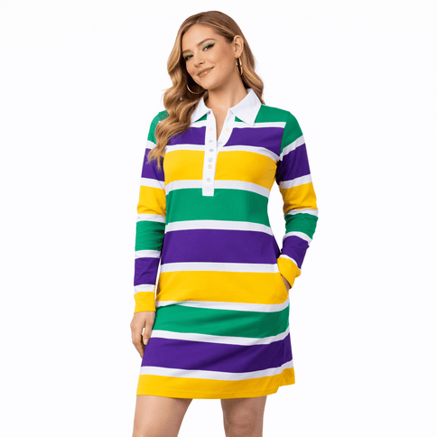 Mardi Gras Rugby Polo Dress Purple, Green & Gold Striped Style - Mardi Gras Apparel - 3/4 Sleeve, Adult, apparel discount tier - Dress