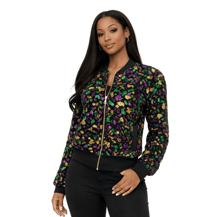 Mardi Gras Sequin Bomber Jacket with Fringe Purple, Gold & Green - Mardi Gras Apparel - Adult, Gold, Green - Sequin Jacket
