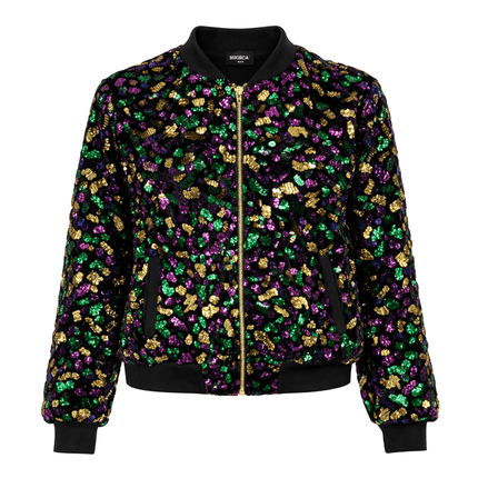 Mardi Gras Sequin Bomber Jacket with Fringe Purple, Gold & Green - Mardi Gras Apparel - Adult, Gold, Green - Sequin Jacket