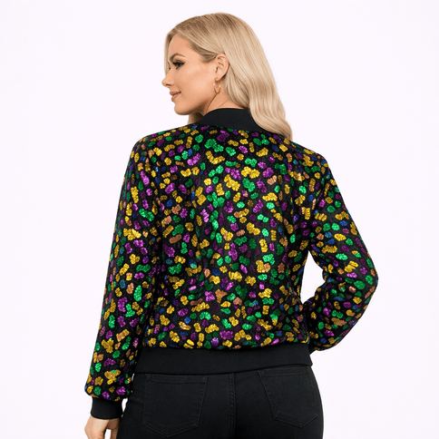 Mardi Gras Sequin Bomber Jacket with Fringe Purple, Gold & Green - Mardi Gras Apparel - Adult, Gold, Green - Sequin Jacket