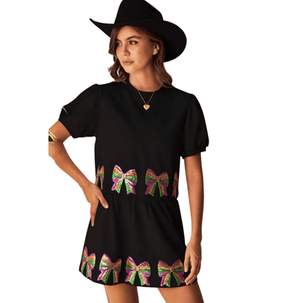 Mardi Gras Sequin Bow Top And Skirt Set Black - Mardi Gras Apparel - Adult, apparel discount tier, Ladies - Outfit Sets
