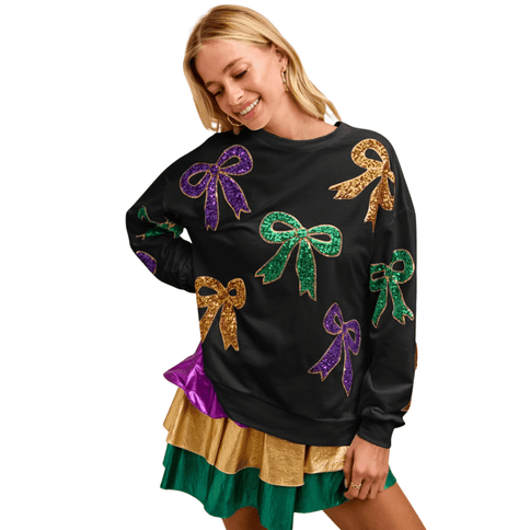 Mardi Gras Sequin Bow Top Black - Mardi Gras Apparel - Adult, Bibi, Bibi Top Chart - Sequin Tops