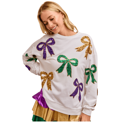 Mardi Gras Sequin Bow Top Ivory - Mardi Gras Apparel - Adult, Bibi, Bibi Top Chart - Sequin Tops