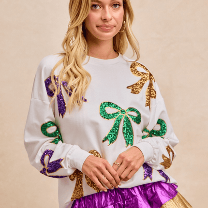 Mardi Gras Sequin Bow Top Ivory - Mardi Gras Apparel - Adult, Bibi, Bibi Top Chart - Sequin Tops