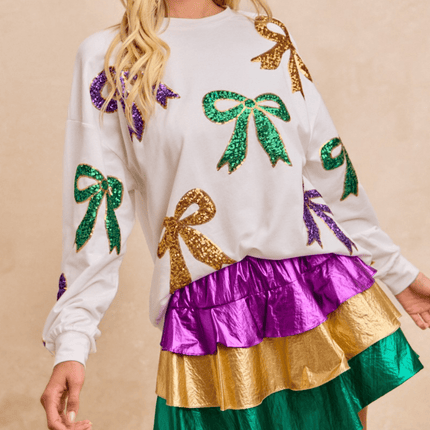 Mardi Gras Sequin Bow Top Ivory - Mardi Gras Apparel - Adult, Bibi, Bibi Top Chart - Sequin Tops