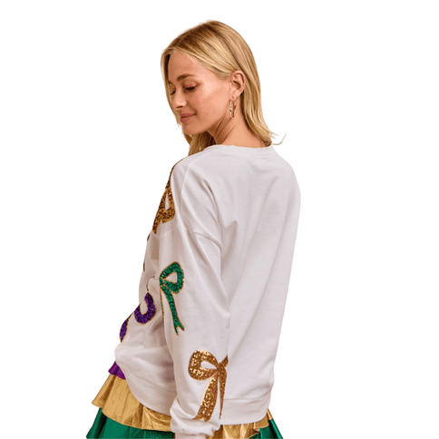 Mardi Gras Sequin Bow Top Ivory - Mardi Gras Apparel - Adult, Bibi, Bibi Top Chart - Sequin Tops