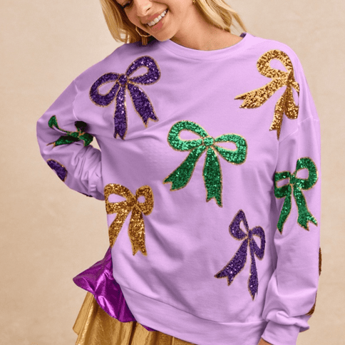 Mardi Gras Sequin Bow Top Lavander - Mardi Gras Apparel - Adult, Bibi, Bibi Top Chart - Sequin Tops