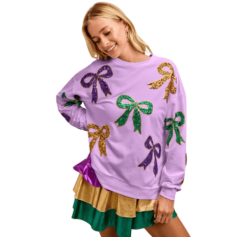 Mardi Gras Sequin Bow Top Lavander - Mardi Gras Apparel - Adult, Bibi, Bibi Top Chart - Sequin Tops