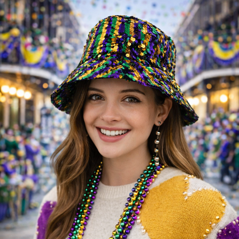 Mardi Gras Sequin Bucket Hat - Mardi Gras Apparel - Accessories, Adult, Black - Hats