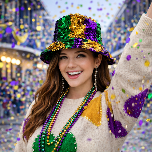 Mardi Gras Sequin Bucket Hat - Mardi Gras Apparel - Accessories, Adult, Black - Hats
