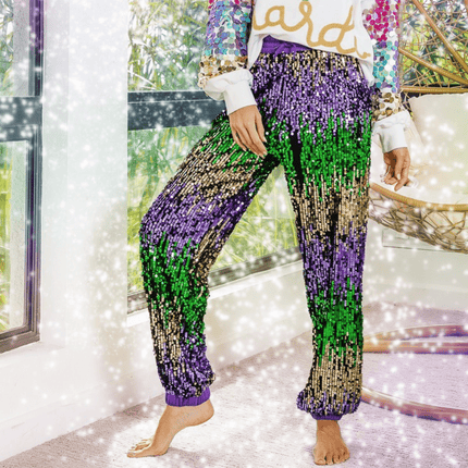 Mardi Gras Sequin Color Block Pants - Mardi Gras Apparel - Adult, Gold, Green - 