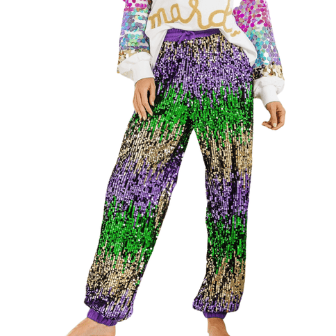 Mardi Gras Sequin Color Block Pants - Mardi Gras Apparel - Adult, Gold, Green - 