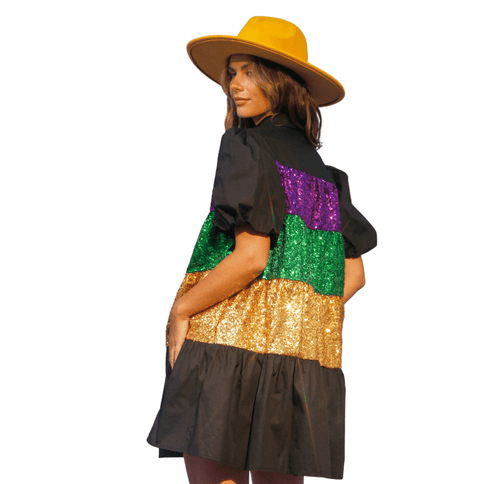 Mardi Gras Sequin Color Block Shirt Dress - Mardi Gras Apparel - Dress, Gold, Green - Dress