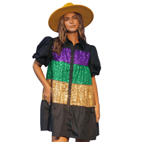 Mardi Gras Sequin Color Block Shirt Dress - Mardi Gras Apparel - Dress, Gold, Green - Dress