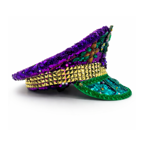 Mardi Gras Sequin Conductor Hat with Jewel Embellishments - Mardi Gras Apparel - Accessories, Adult, Captain Hat - Captain Hat