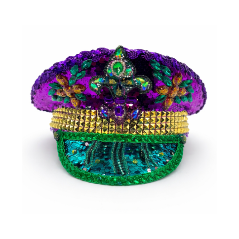 Mardi Gras Sequin Conductor Hat with Jewel Embellishments - Mardi Gras Apparel - Accessories, Adult, Captain Hat - Captain Hat