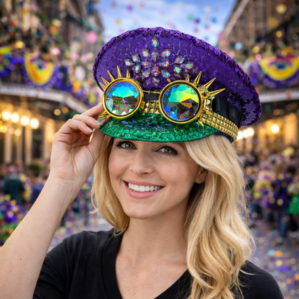 Mardi Gras Sequin Conductor Hat with Jewel Embellishments - Mardi Gras Apparel - Accessories, Adult, Captain Hat - Captain Hat