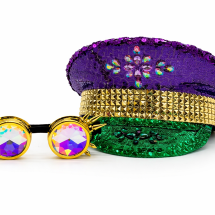 Mardi Gras Sequin Conductor Hat with Jewel Embellishments - Mardi Gras Apparel - Accessories, Adult, Captain Hat - Captain Hat