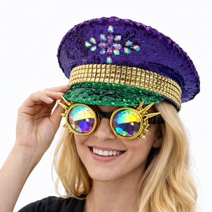 Mardi Gras Sequin Conductor Hat with Jewel Embellishments - Mardi Gras Apparel - Accessories, Adult, Captain Hat - Captain Hat