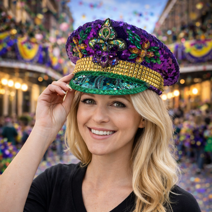 Mardi Gras Sequin Conductor Hat with Jewel Embellishments - Mardi Gras Apparel - Accessories, Adult, Captain Hat - Captain Hat