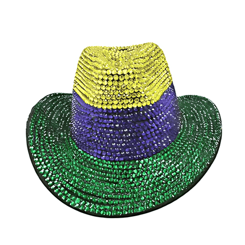 Mardi Gras Sequin Cowboy Hat – Green, Gold & Purple - Mardi Gras Apparel - Accessories, Hats, Mardi Gras - Hats