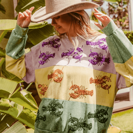 Mardi Gras Sequin Crawfish Washed Sweatshirt - Mardi Gras Apparel - Adult, Bibi, Bibi Top Chart - Sweaters