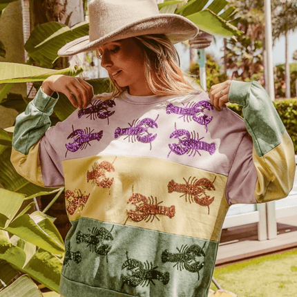 Mardi Gras Sequin Crawfish Washed Sweatshirt - Mardi Gras Apparel - Adult, Bibi, Bibi Top Chart - Sweaters
