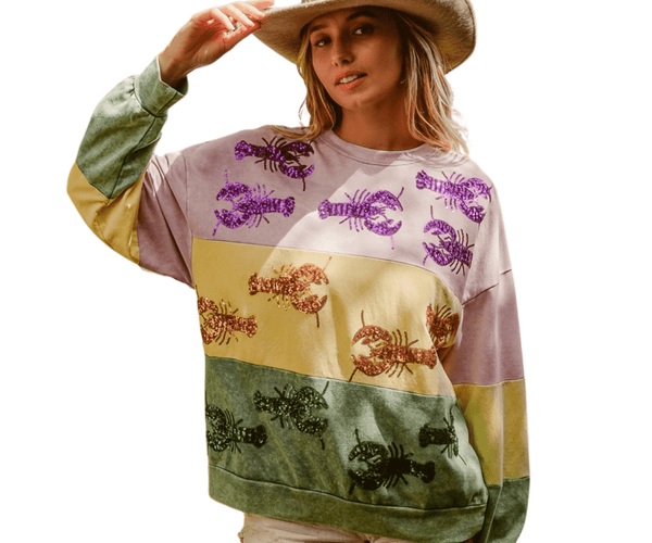 Mardi Gras Sequin Crawfish Washed Sweatshirt - Mardi Gras Apparel