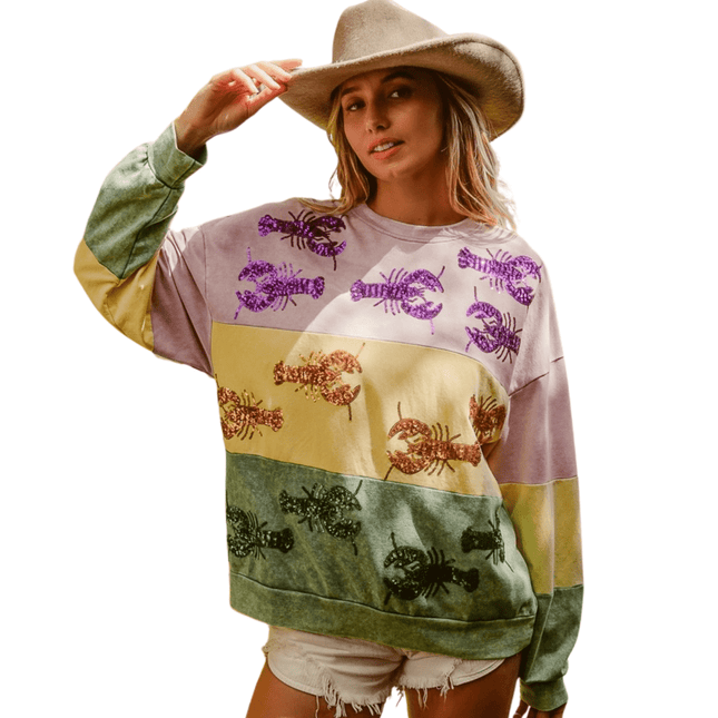 Mardi Gras Sequin Crawfish Washed Sweatshirt - Mardi Gras Apparel - Adult, Bibi, Bibi Top Chart - Sweaters