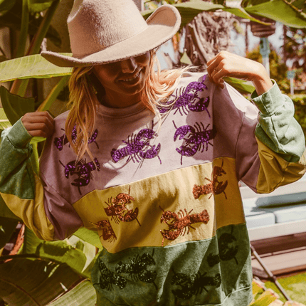 Mardi Gras Sequin Crawfish Washed Sweatshirt - Mardi Gras Apparel - Adult, Bibi, Bibi Top Chart - Sweaters